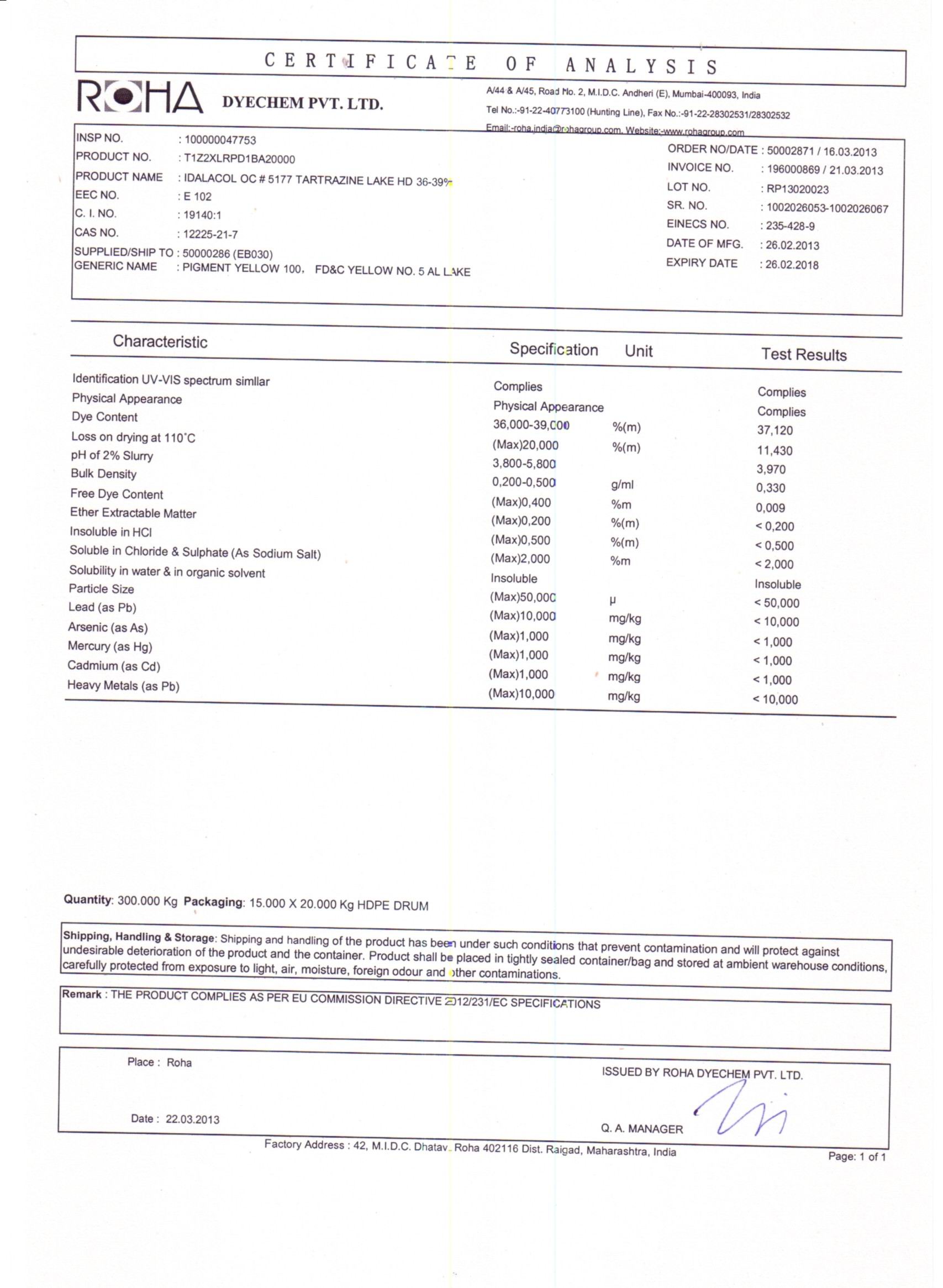 OC-5177 TARTRAZINE HD 36-39%-RP13020023 yellow Al lake